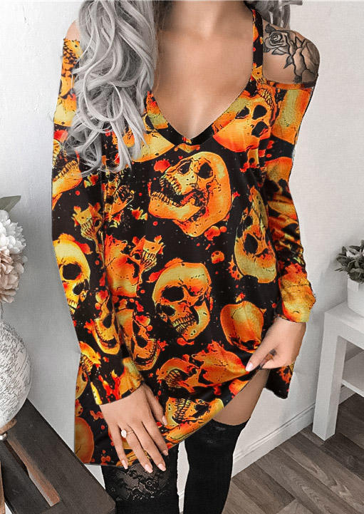 

Halloween Skull Cold Shoulder Mini Dress - Orange, SCM006558