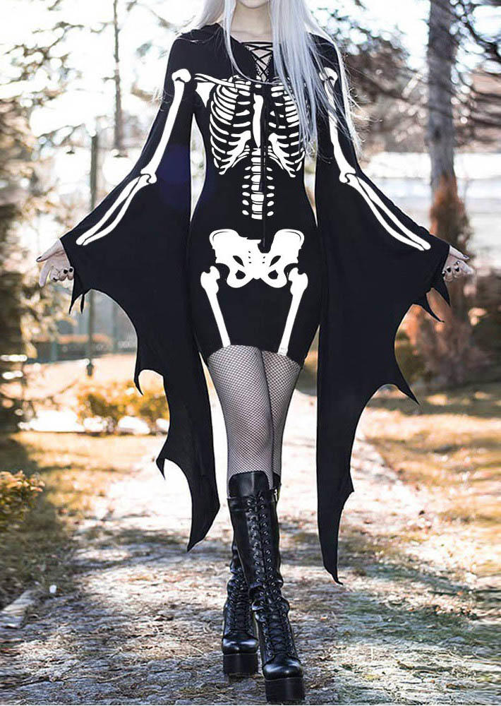 

Halloween Skeleton Batwing Sleeve Bodycon Dress - Black, SCM006645