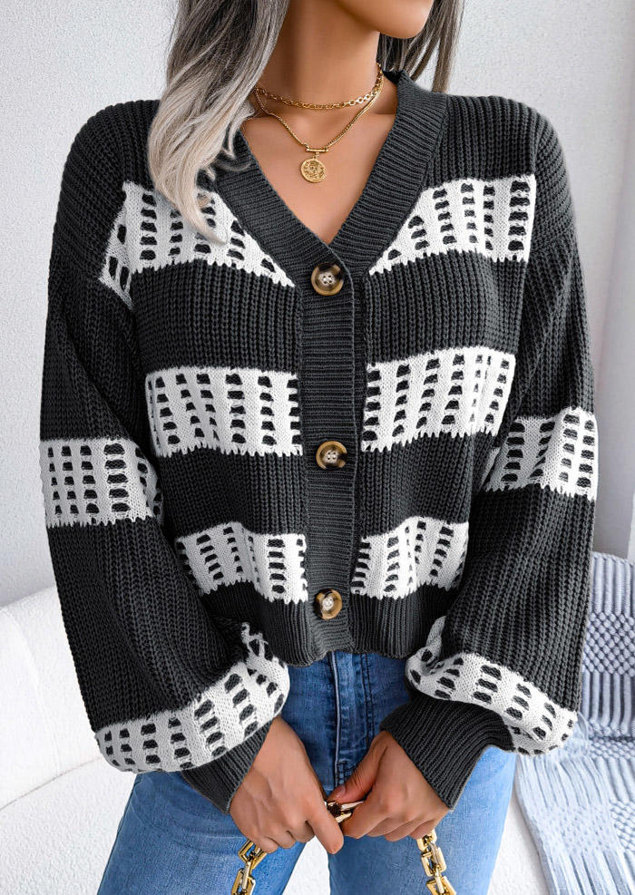 

Color Block Button Sweater Cardigan - Black, SCM006675