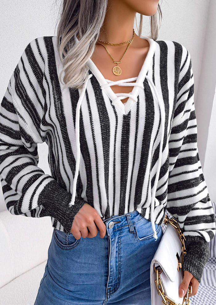 

Striped Lace Up Long Sleeve Sweater, Multicolor, SCM006676