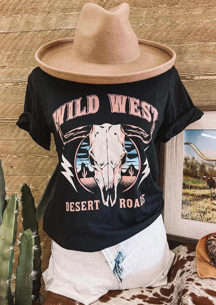 Desert Roads Wild West Steer Skull T-Shirt Tee - Black