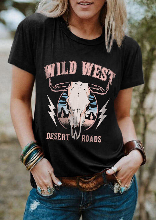 

Desert Roads Wild West Steer Skull T-Shirt Tee - Black, SCM006694