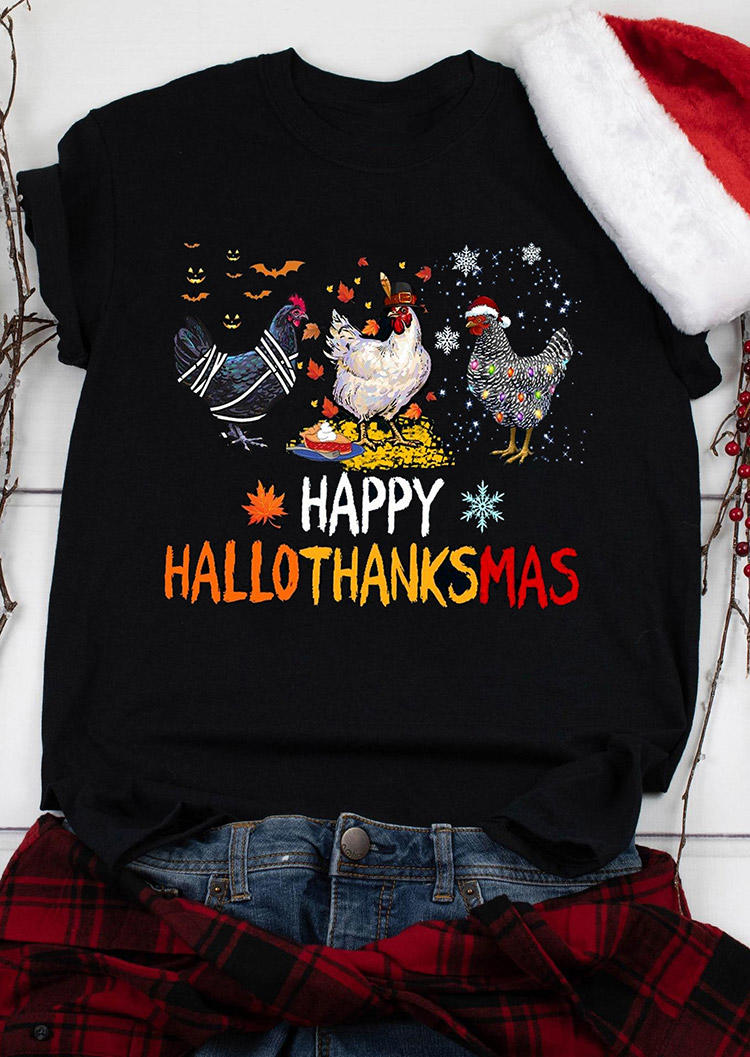 

Happy Hallothanksmas Maple Leaf Rooster T-Shirt Tee - Black, SCM006754