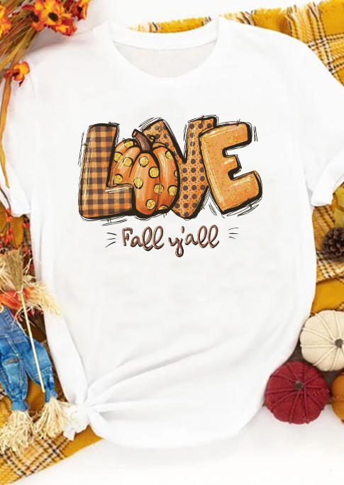 

Love Fall Y'all Pumpkin Plaid Polka Dot T-Shirt Tee - White, SCM006798