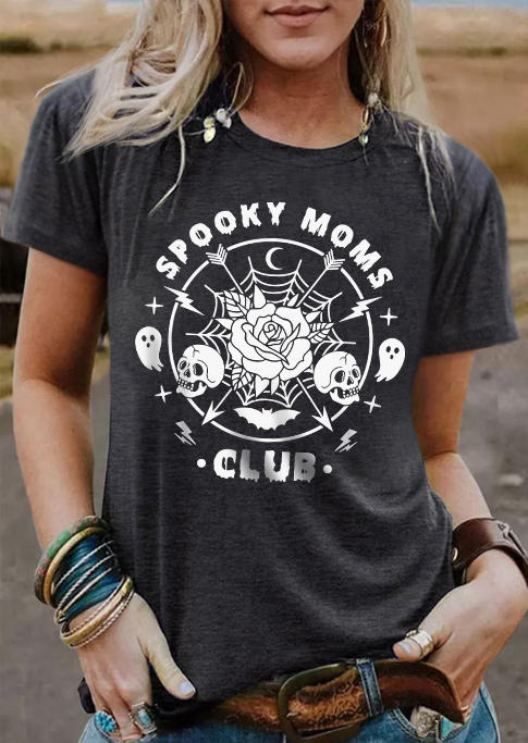 

Halloween Spooky Moms Club Skull Rose T-Shirt Tee - Dark Grey, Gray, SCM006848