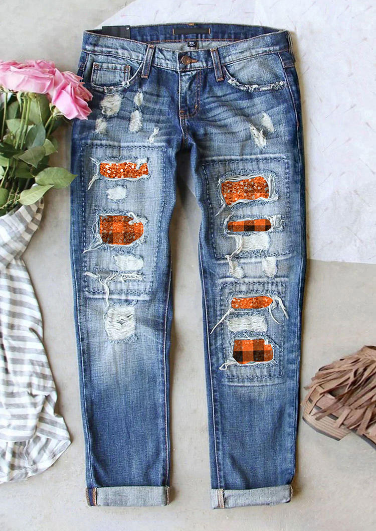 

Plaid Glitter Pocket Ripped Denim Pants - Blue, SCM006968