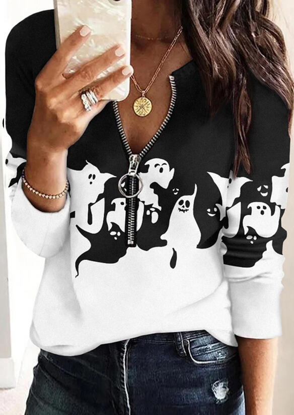 

Halloween Ghost Zipper Collar Long Sleeve Blouse, Multicolor, SCM006972