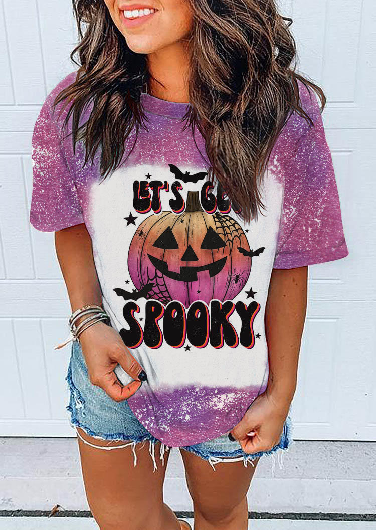 Halloween Pumpkin Bat Let's Get Spooky Bleached T-Shirt Tee - Purple