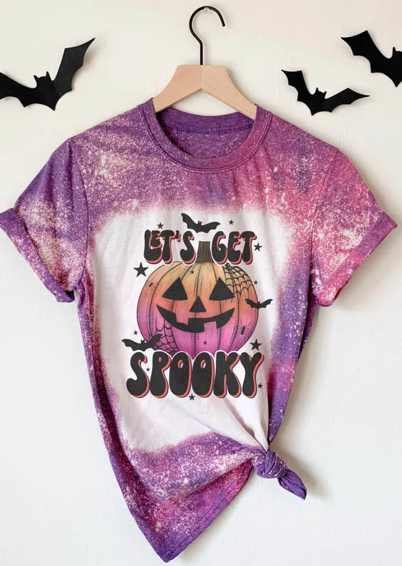 Let's Get Spooky Pumpkin Bat Bleached T-Shirt Tee - Purple