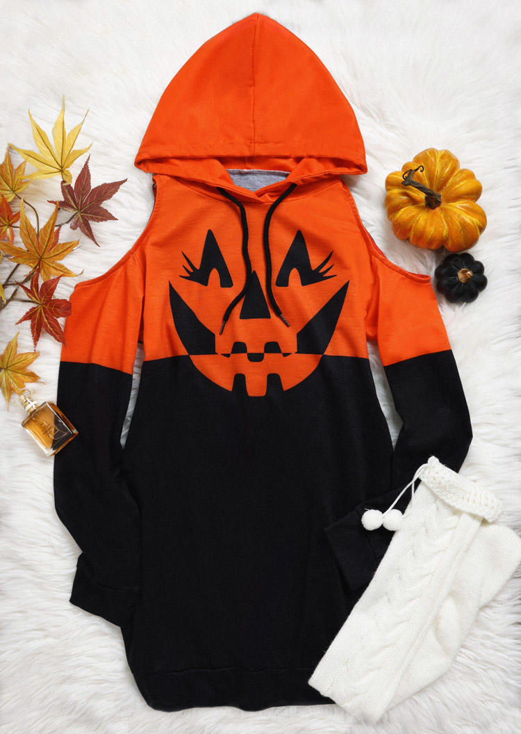 Halloween Pumpkin Face Hooded Mini Dress - Black