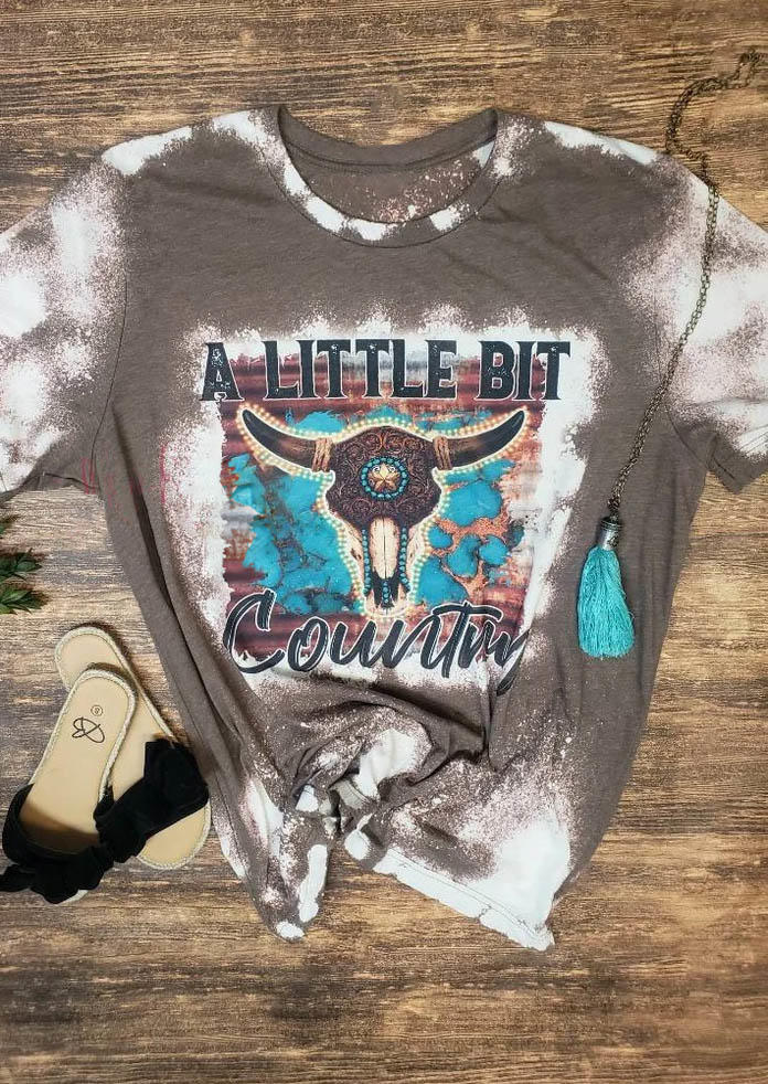 

A little Bit Country Steer Skull Bleached T-Shirt Tee - Brown, SCM006327