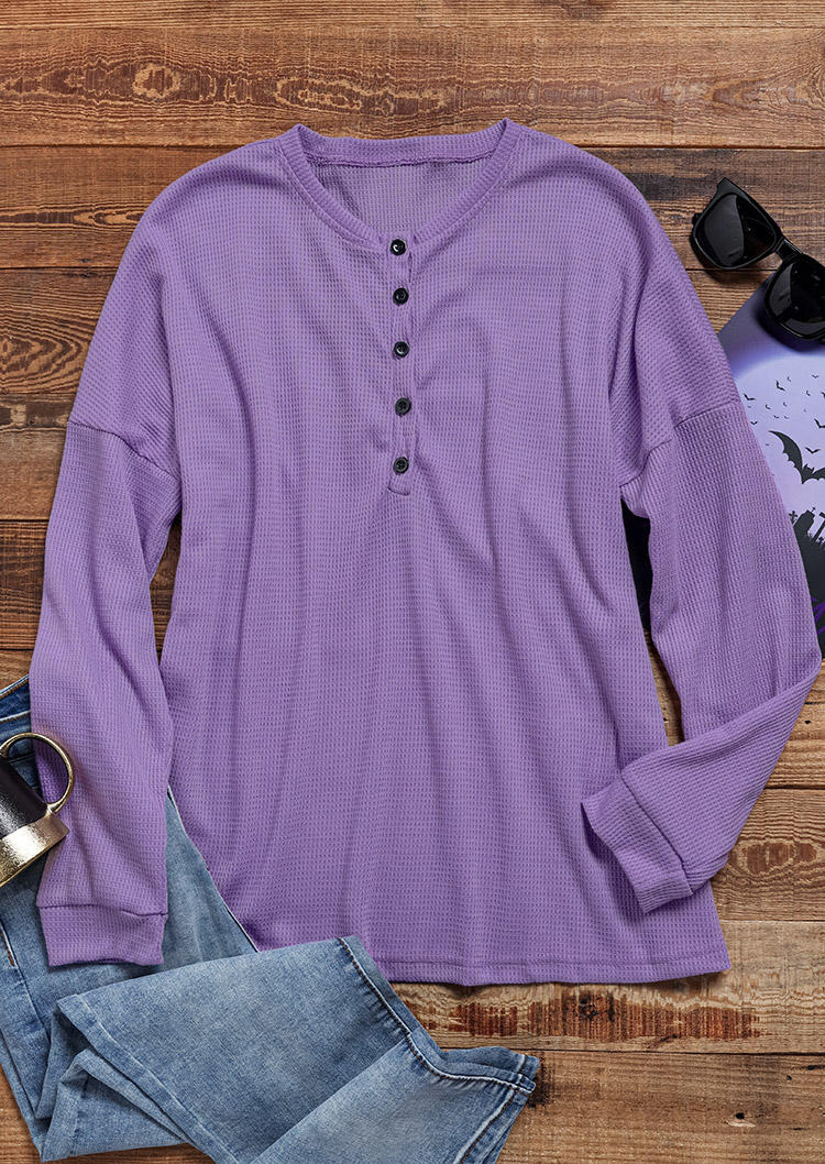 Waffle Button Long Sleeve Blouse - Purple