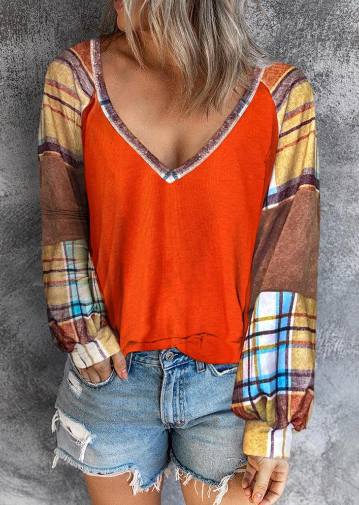 

Plaid Long Sleeve V-Neck Blouse - Orange, SCM006403