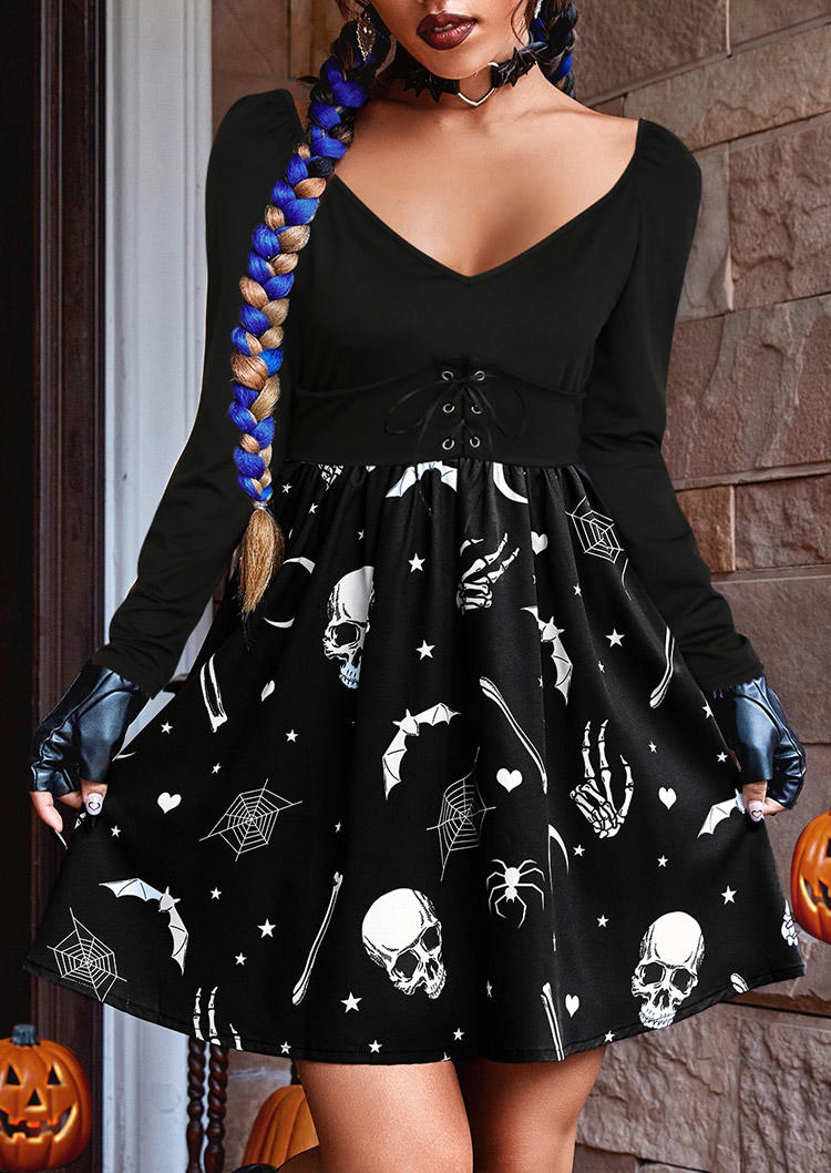 Halloween Skeleton Hand Lace Up Mini Dress - Black