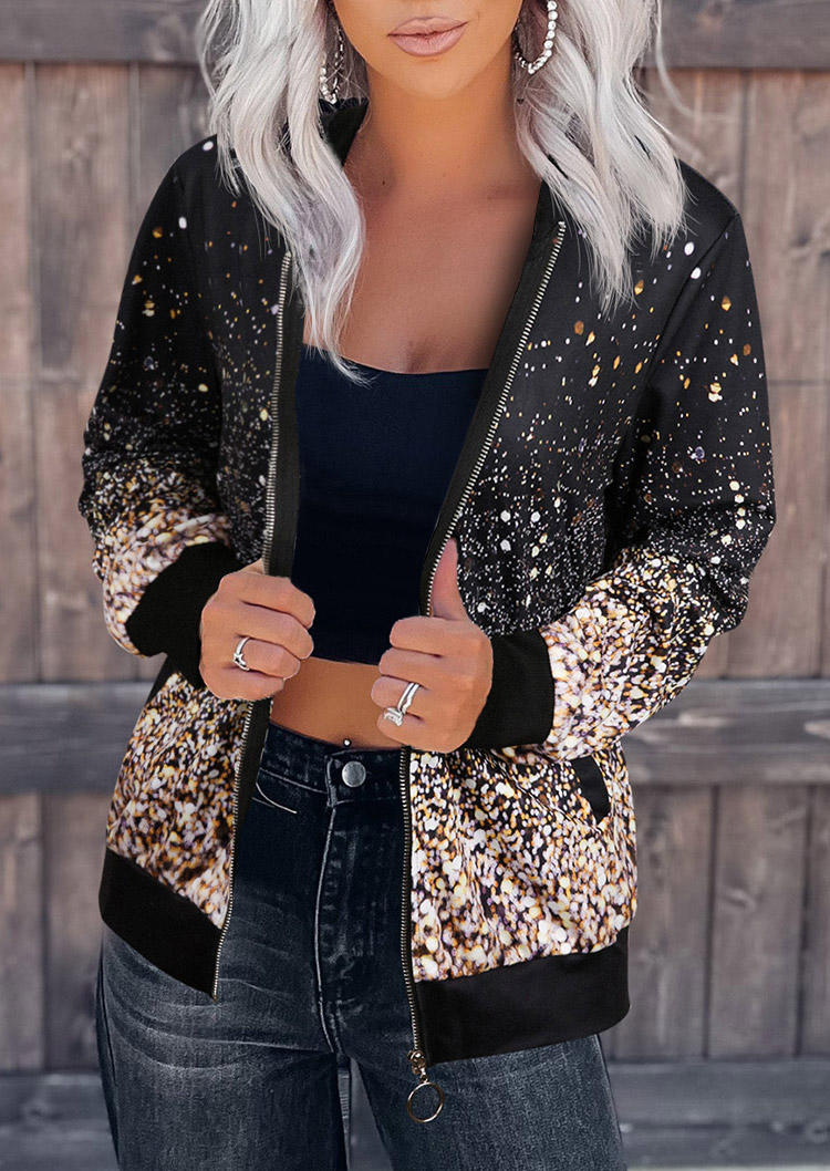 

Glitter Dot Zipper Pocket Long Sleeve Jacket - Black, SCM006476