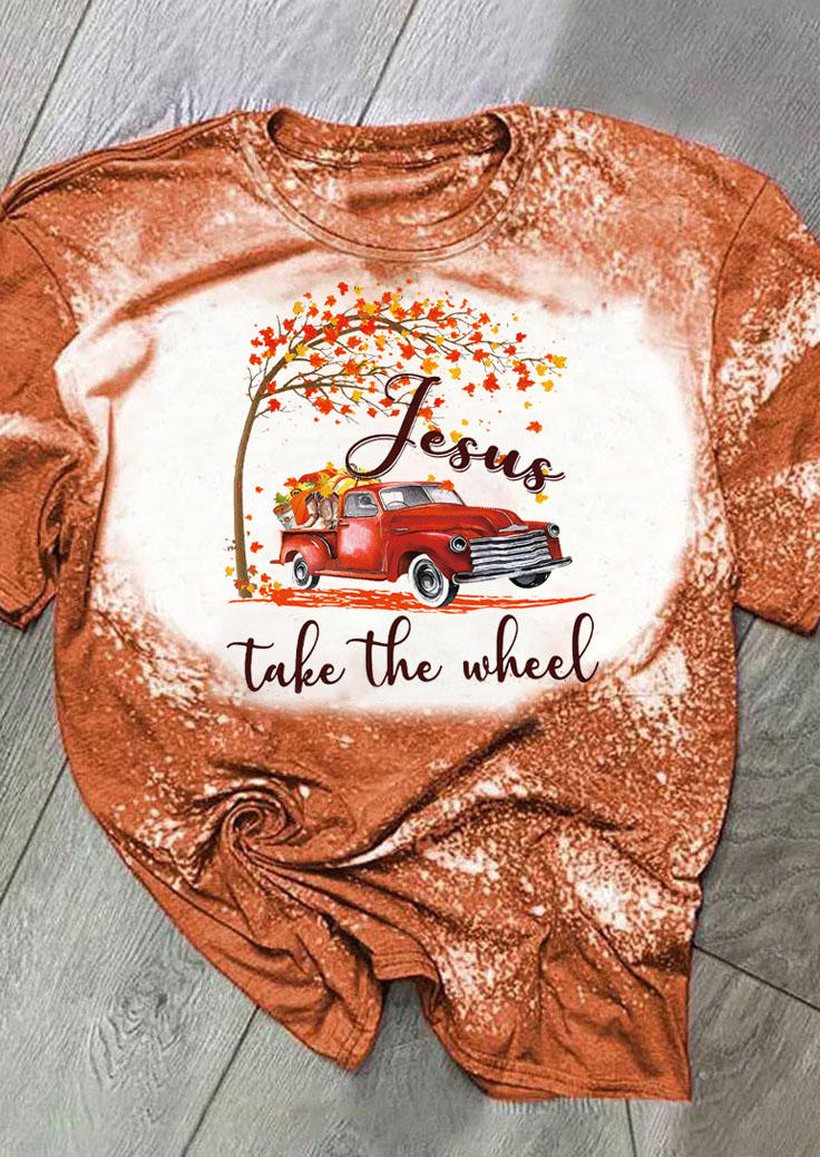 

Jesus Take The Wheel Maple Leaf Bleached T-Shirt Tee - Orange, SCM006530