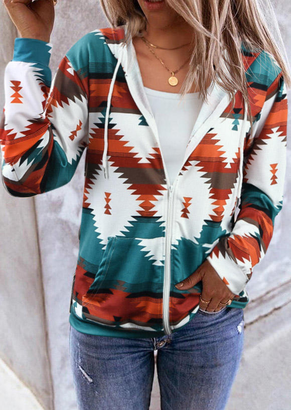 

Aztec Geometric Zipper Pocket Coat, Multicolor, SCM006600