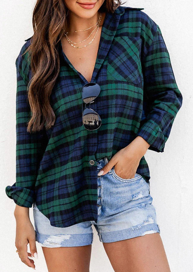 

Plaid Pocket Button Turn-Down Collar Shirt, Multicolor, SCM006655