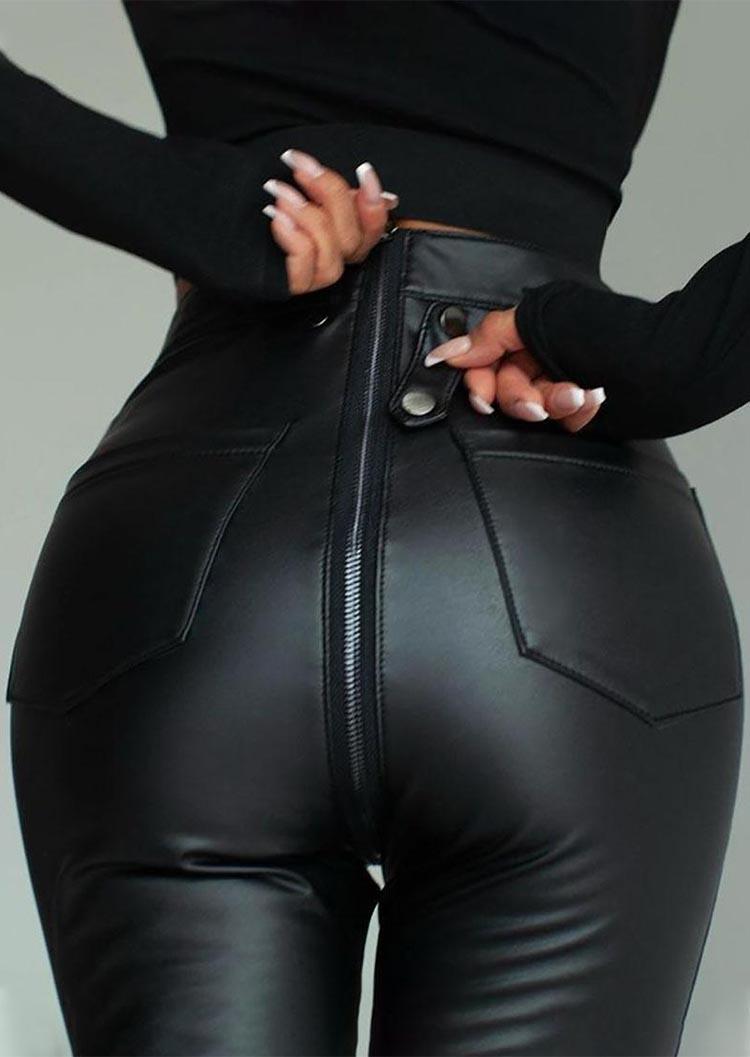 

Zipper Pocket Button Skinny Pants - Black, SCM006715