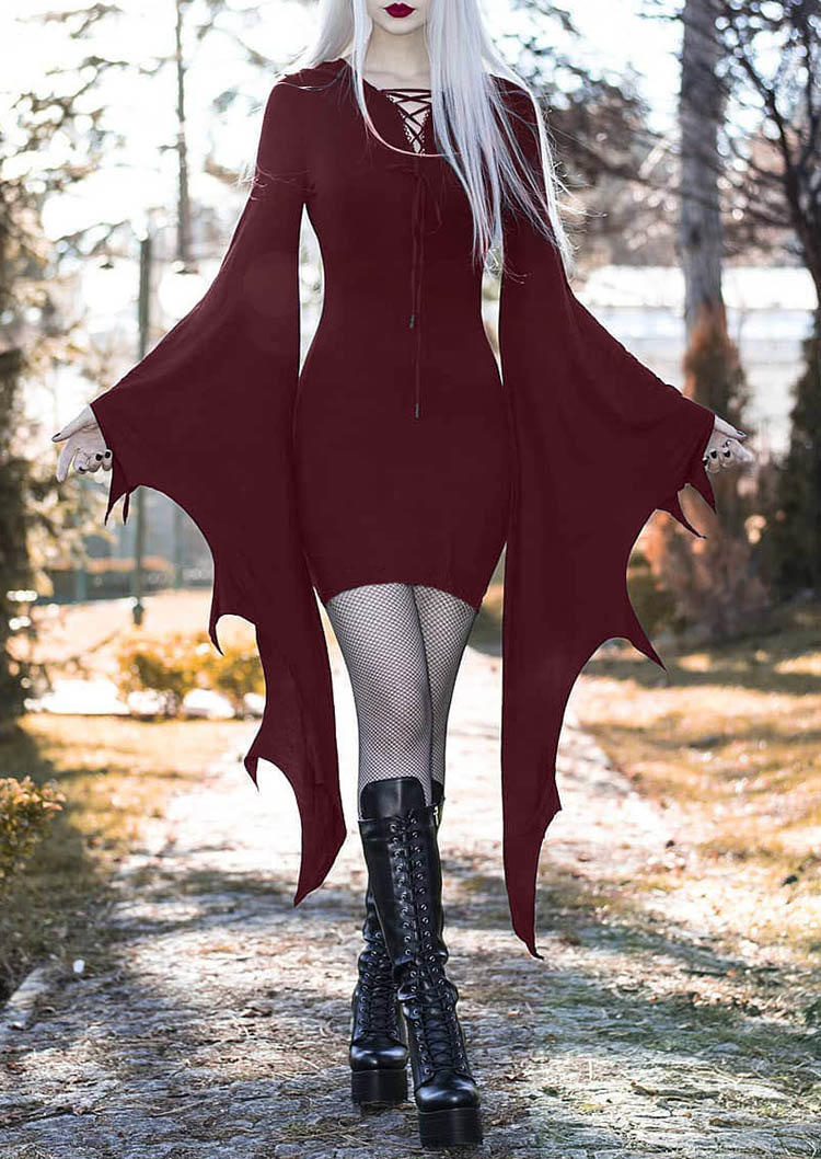 

Halloween Lace Up Batwing Sleeve Bodycon Dress - Red, SCM006739