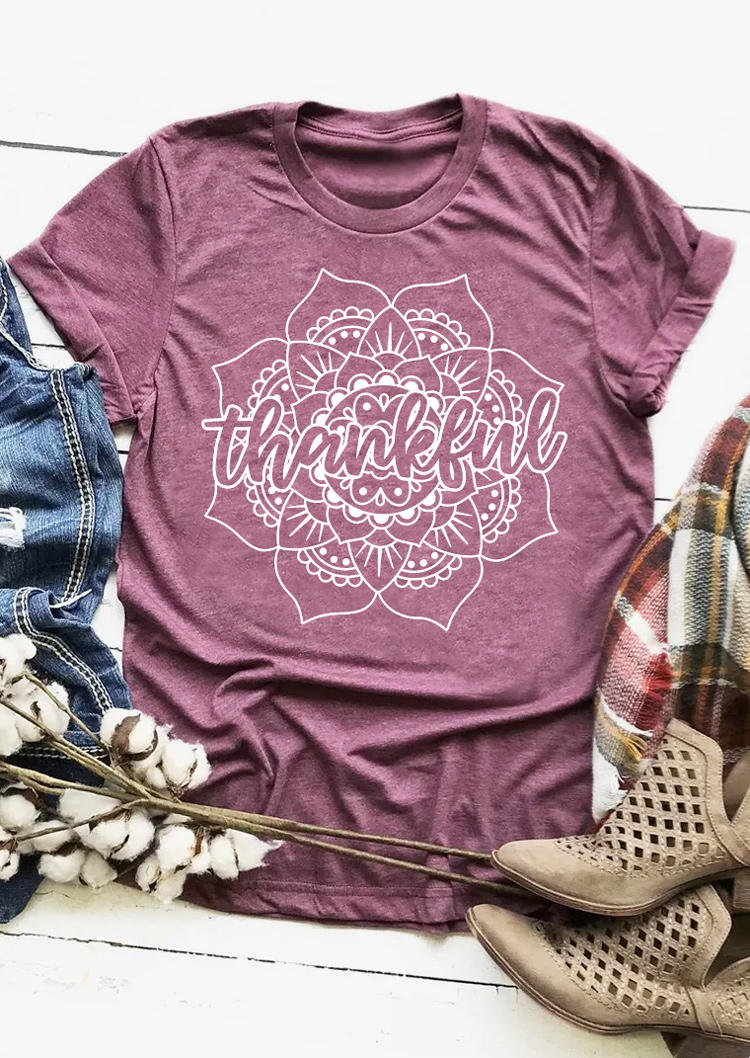 Thankful Floral O-Neck T-Shirt Tee - Purple