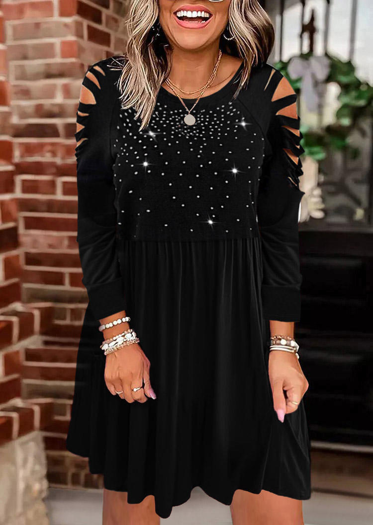 Rhinestone Ruffled Hollow Out Mini Dress - Black