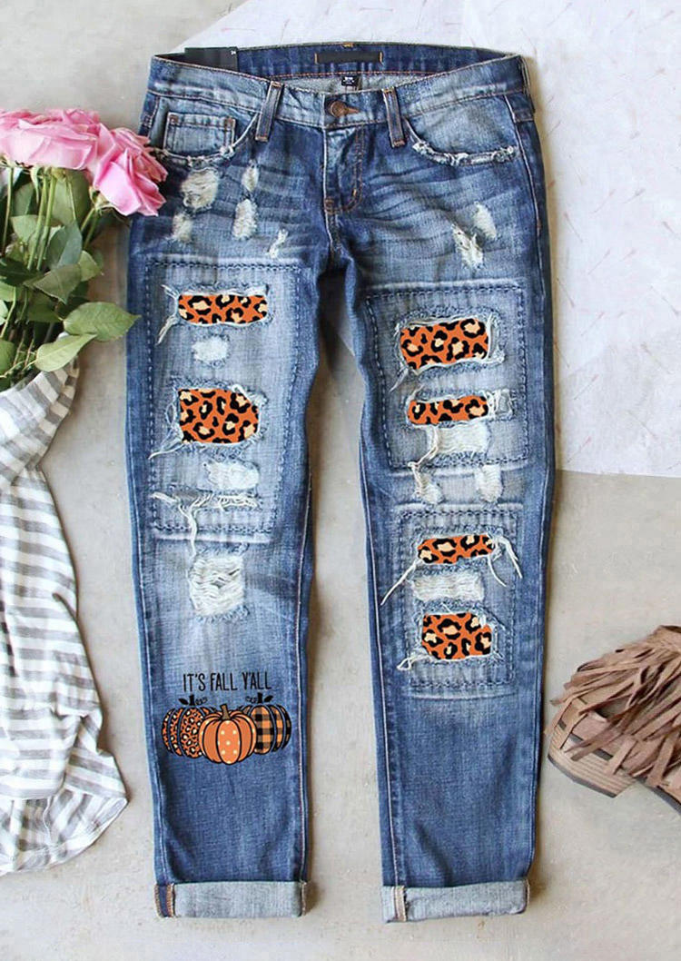 

It' Fall Y'all Pumpkin Leopard Denim Pants - Blue, SCM007061