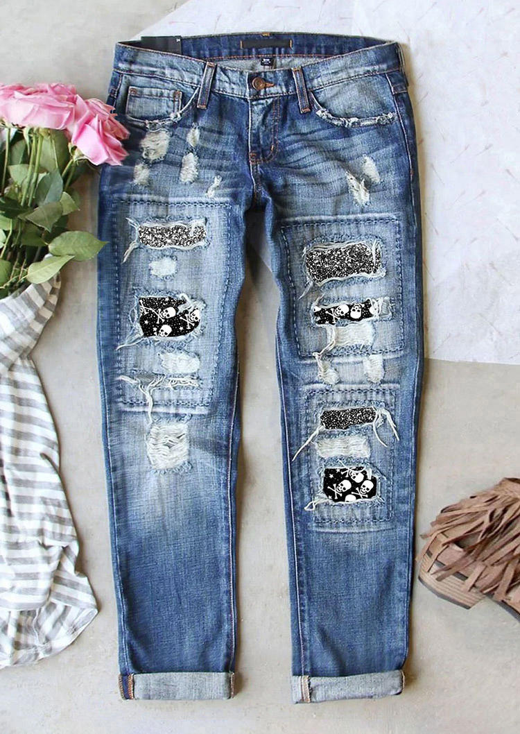 Halloween Skull Glitter Pocket Ripped Denim Pants - Blue, SCM007091