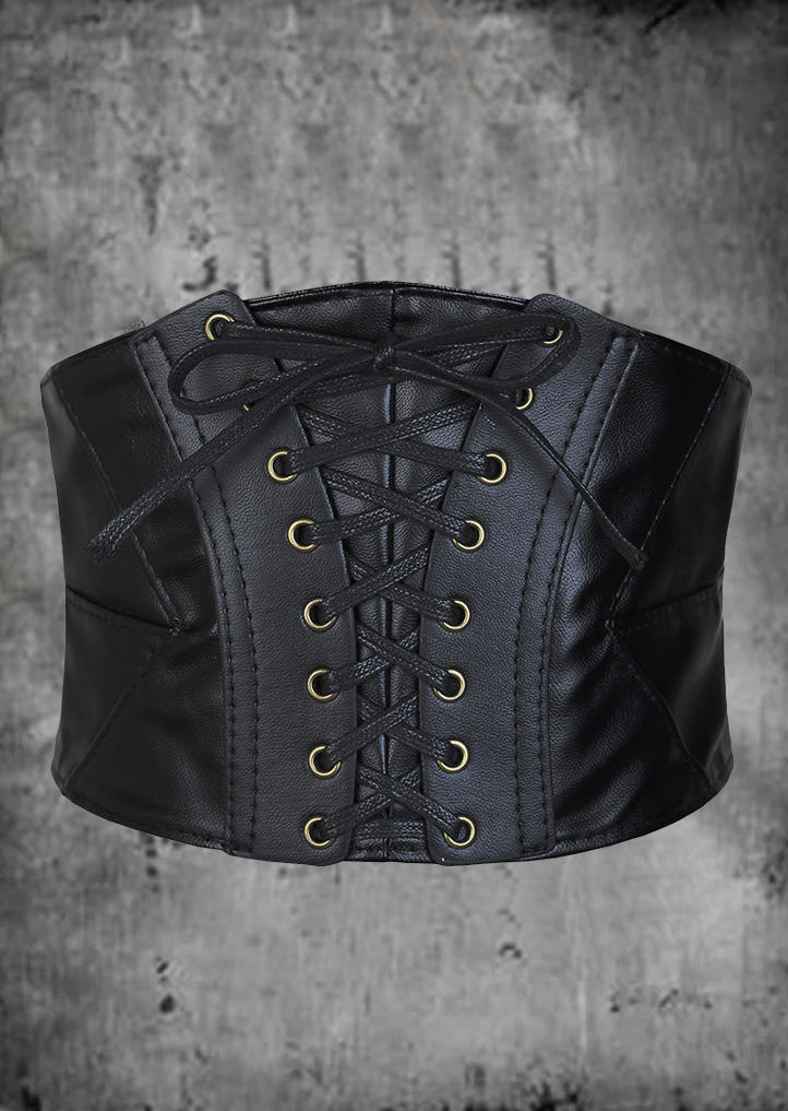Lace Up PU Leather Corset Cinch Wide Waist Belt - Black