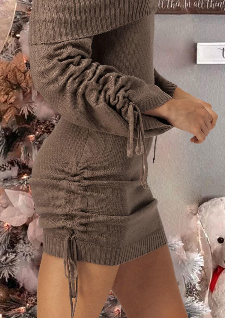Off Shoulder Drawstring Sweater Mini Dress - Brown