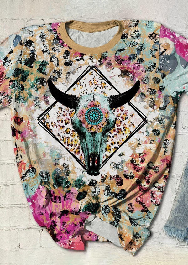 

Leopard Steer Skull O-Neck T-Shirt Tee, Multicolor, SCM006501