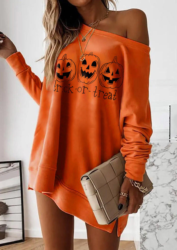 Halloween Trick Or Treat Pumpkin Face Sweatshirt Mini Dress - Orange