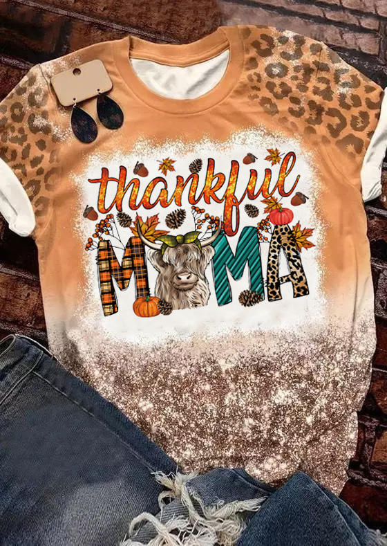 

Thankful Mama Leopard Highland Cattle Bleached T-Shirt Tee - Orange, SCM006529