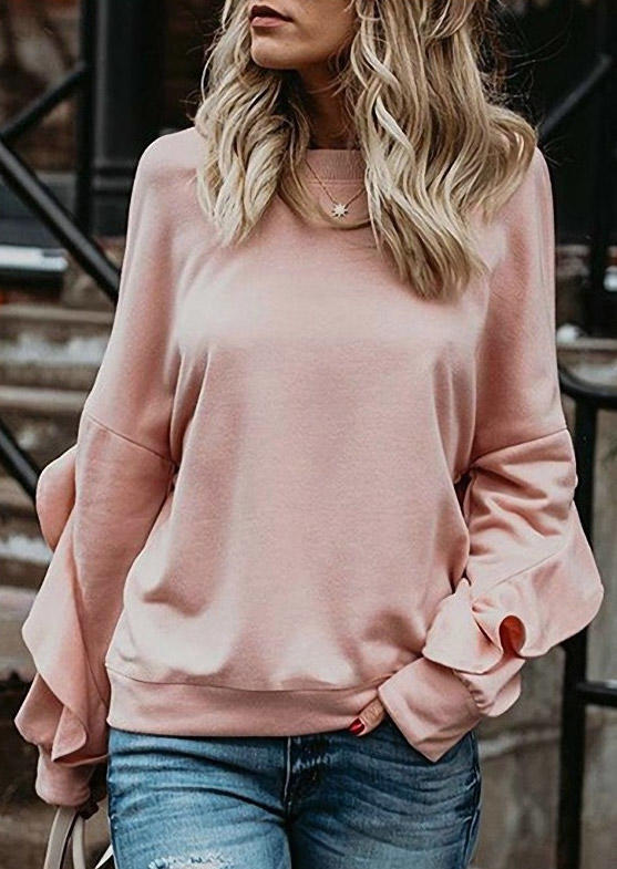 

Ruffled Drop Shoulder Pullover Sweatshirt - Light Pink, SCM006566