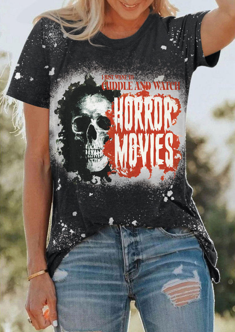 

Halloween I Just Want To Cuddle And Watch Horror Movies Skull Bleached T-Shirt Tee, Gray, SCM006578