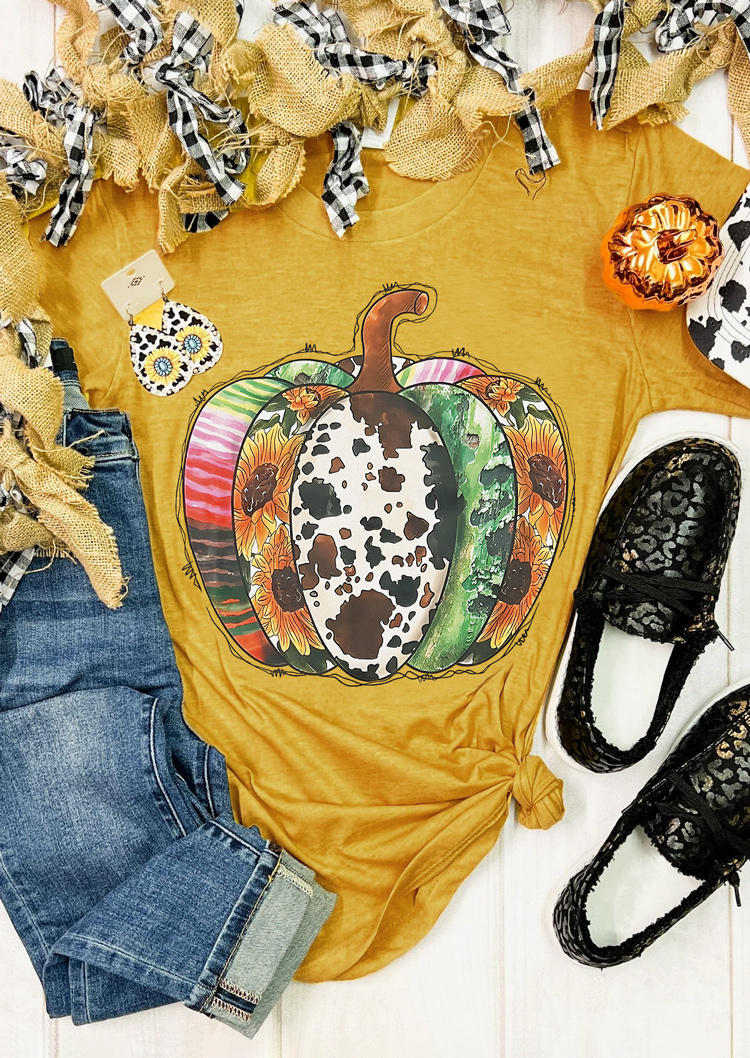 

Cow Serape Striped Sunflower Pumpkin T-Shirt Tee - Yellow, SCM006589