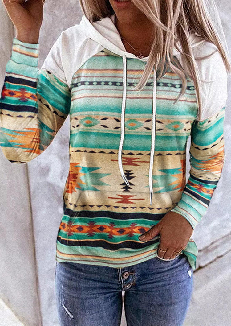 

Aztec Kangaroo Pocket Raglan Sleeve Hoodie, Multicolor, SCM006619