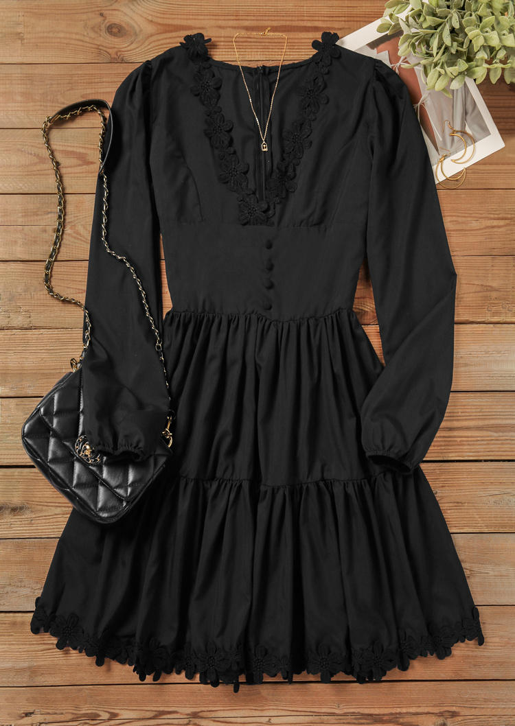 Lace Splicing Button Ruffled Mini Dress - Black