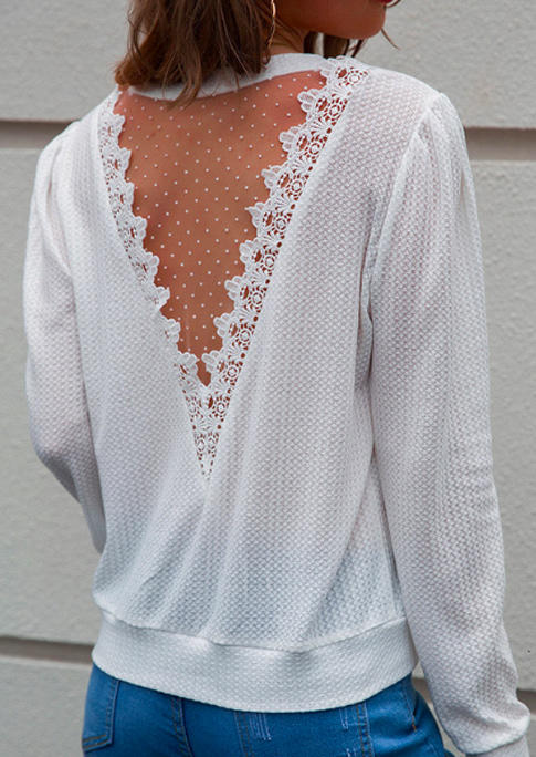 

Lace Splicing Polka Dot Long Sleeve Blouse - White, SCM006652