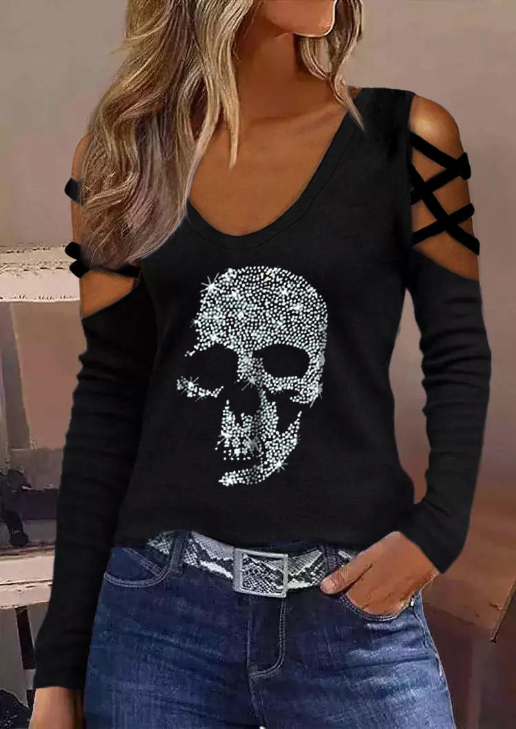 

Skull Glitter Criss-Cross Cold Shoulder Blouse - Black, SCM006681