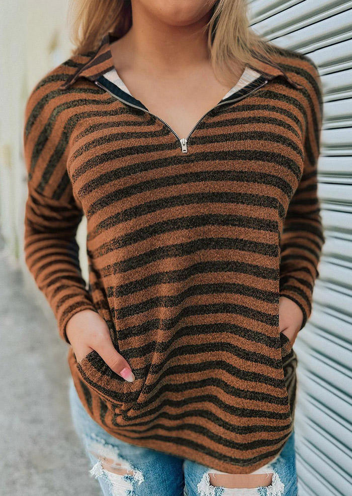 

Striped Zipper Turn-Down Collar Sweatshirt - Brown, SCM006687