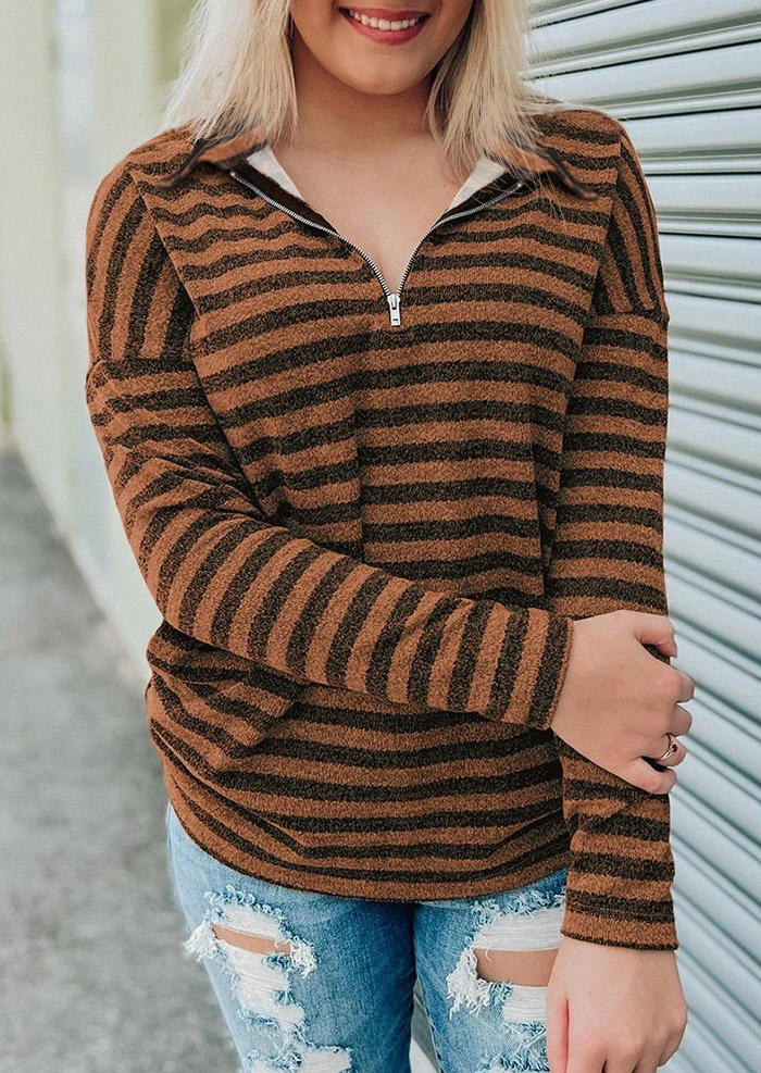 Striped Zipper Turn-Down Collar Sweatshirt - Brown
