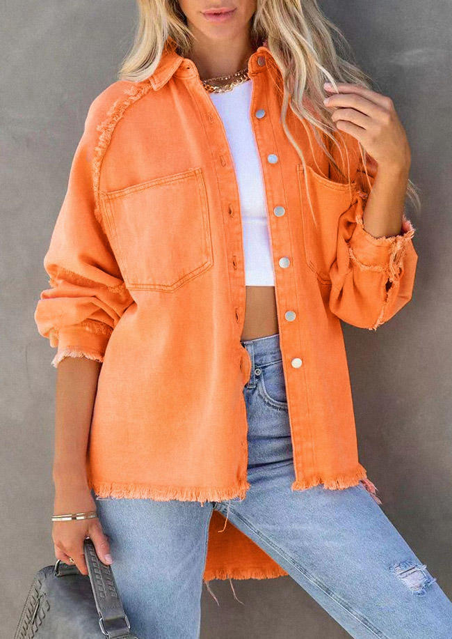 

Button Pocket Frayed Hem Shirt Coat - Orange, SCM006708