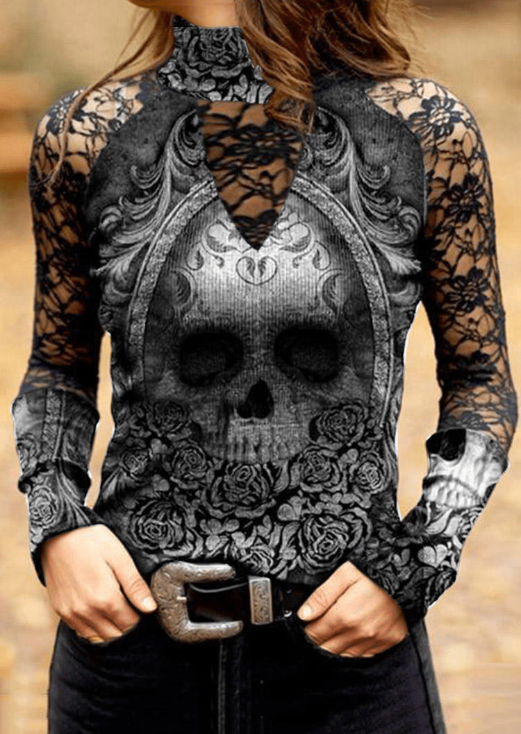 

Halloween Skull Rose Lace Splicing Blouse - Black, SCM006710