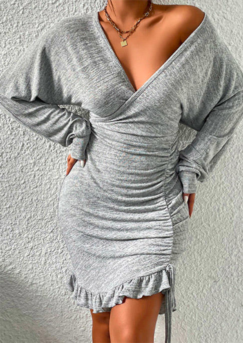 

Drawstring Wrap V-Neck Open Back Bodycon Dress - Gray, SCM006722