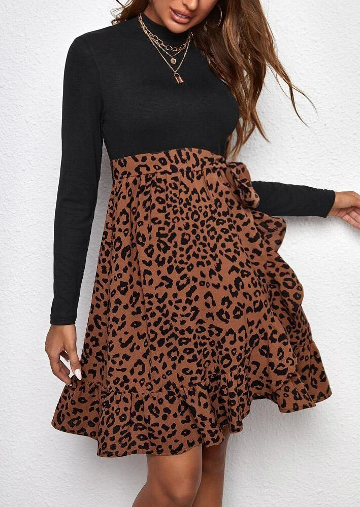 Leopard Ruffled Tie Long Sleeve Mini Dress