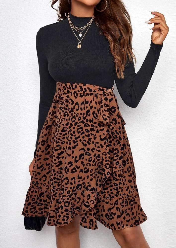 Leopard Ruffled Tie Long Sleeve Mini Dress