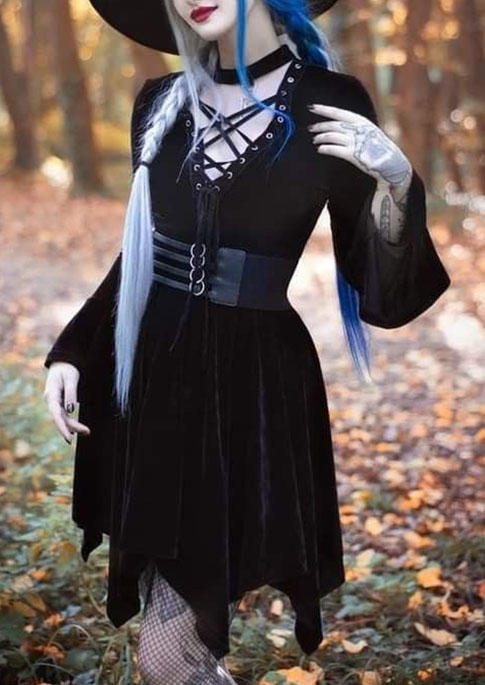 

Halloween Ruffled Lace Up Zipper Long Sleeve Mini Dress - Black, SCM006820