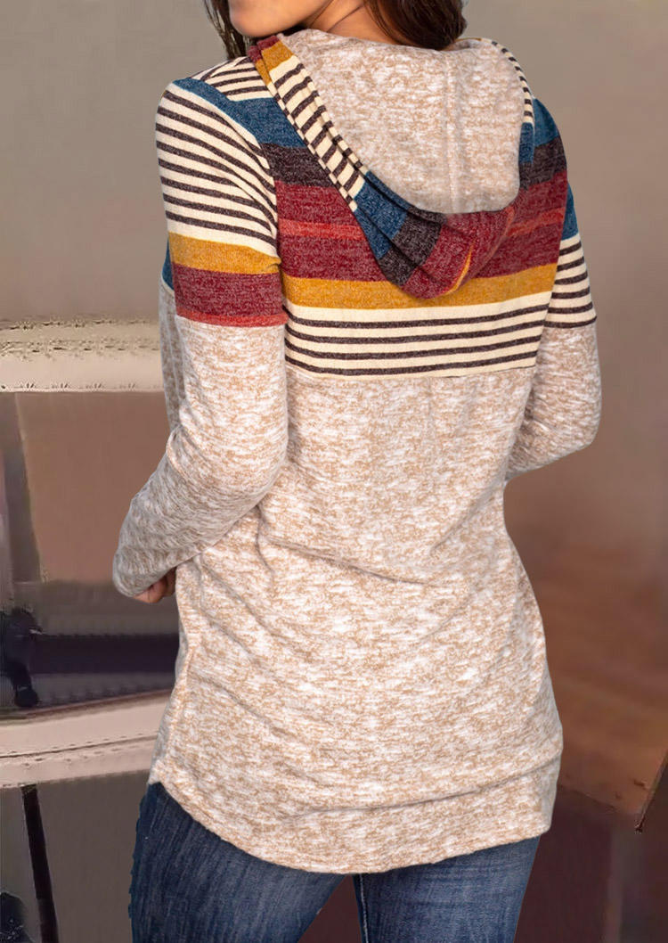 Color Block Striped Long Sleeve Hoodie - Khaki