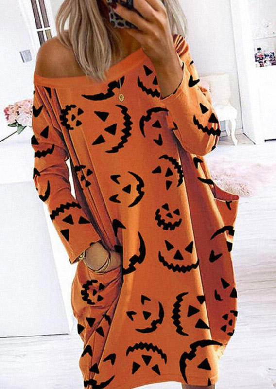 

Pumpkin Face Pocket Long Sleeve Mini Dress - Orange, SCM006929